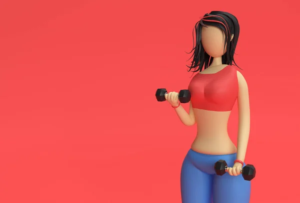 3D渲染女卡通人物运动与哑铃运动 瑜伽和地标概念3D图解设计 — 图库照片