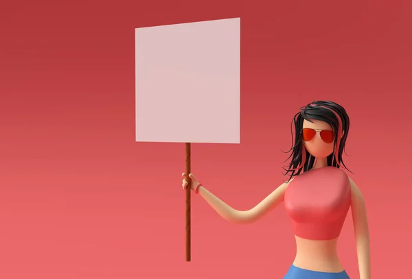 Render Woman Holding White Panel Placard Red Background — Zdjęcie stockowe