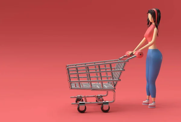 Render Woman Shopping Cart Icon — стоковое фото