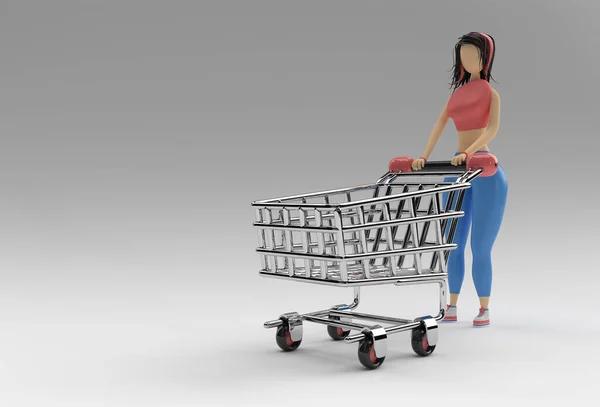 Render Mujer Con Carro Compra Icono Ilustración Diseño —  Fotos de Stock