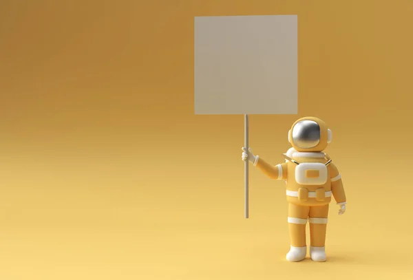 Render Astronaut Holding White Panel Placard Yellow Background — Stock Photo, Image