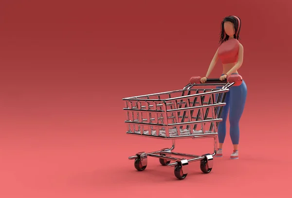 Render Woman Shopping Cart Icon — стоковое фото