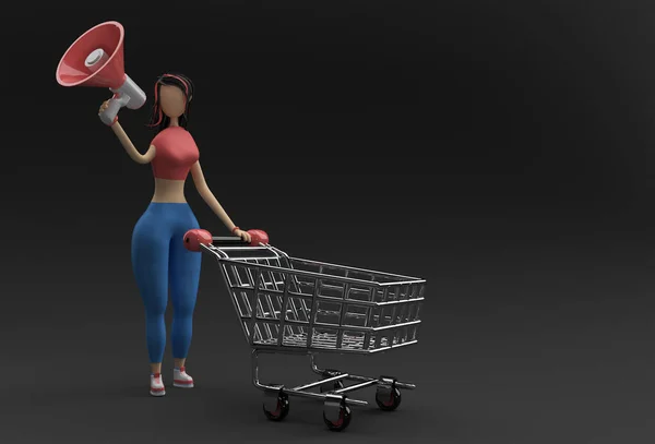 Render Woman Mega Phone Shopping Cart Icon Illustration Design — Foto de Stock