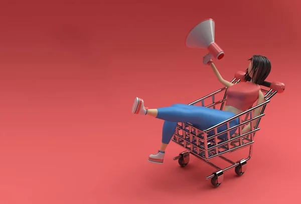 Render Woman Mega Phone Shopping Cart Icon Illustration Design — Stok fotoğraf