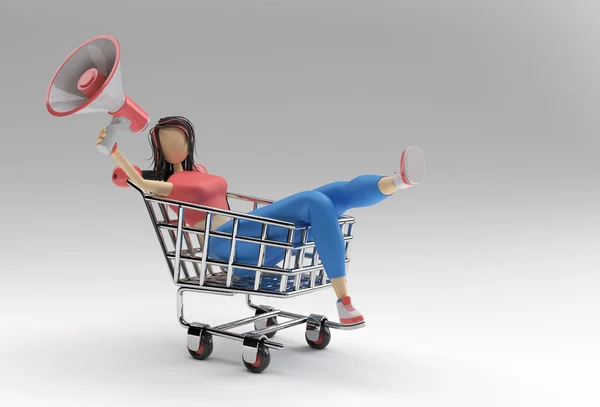 Render Woman Mega Phone Shopping Cart Icon Illustration Design —  Fotos de Stock