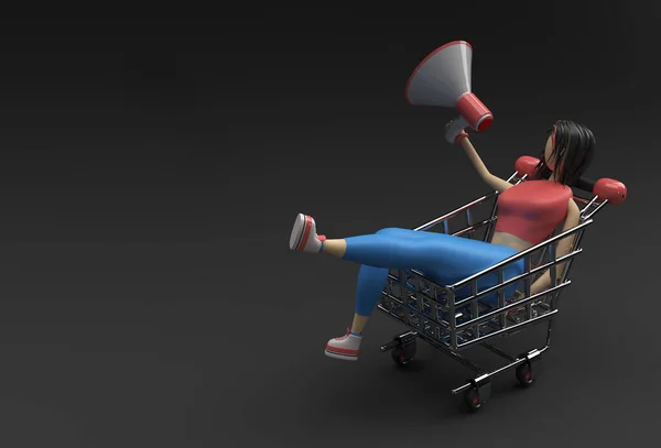 Render Woman Mega Phone Shopping Cart Icon Illustration Design — Zdjęcie stockowe