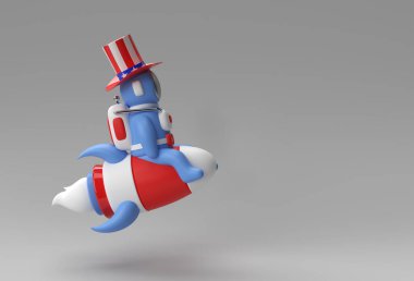 3D Render Astronot Roket ile Uçuyor. 4 Temmuz Kavram Tasarımı.