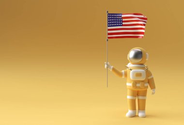 3D Render Astronot Usa bayrağı taşıyor. 4 Temmuz ABD Bağımsızlık Günü Kavramı.