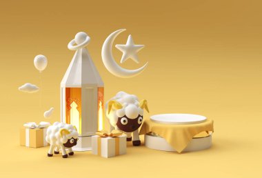 3D Mübarek Kurban Bayramı Minimum Podyum Sahnesi Görüntü Ürünleri Tasarımı İslami Kurban Satışı Konsepti.