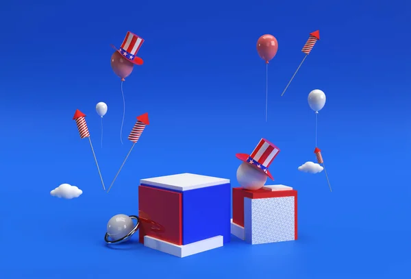 ディスプレイ製品広告デザインのための最小ポディウムシーンの3Dレンダリングシーン 7月4日アメリカ独立記念日のコンセプト — ストック写真