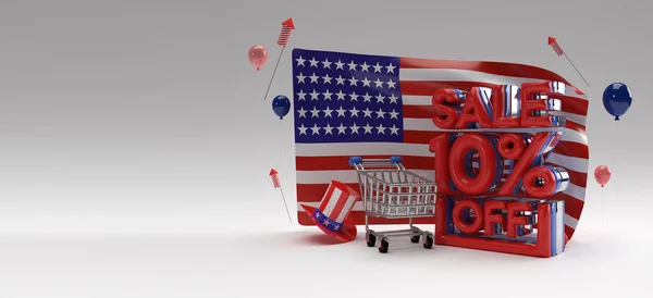 3D渲染Usa国旗7月4日美国独立日概念10 出售Off折扣条幅 — 图库照片