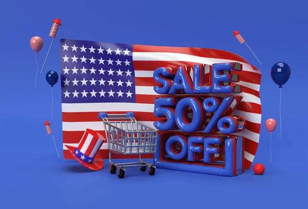 3D渲染Usa国旗7月4日美国独立日概念50 销售Off折扣条幅 — 图库照片