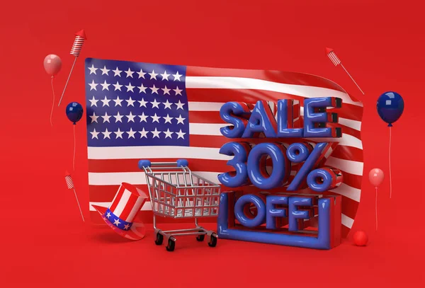 3D渲染Usa国旗7月4日美国独立日概念30 销售Off折扣条幅 — 图库照片