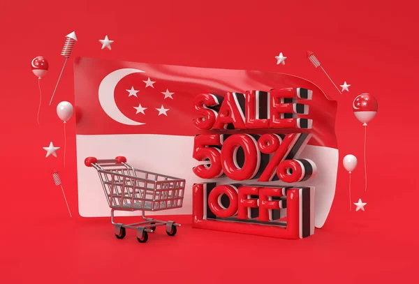 3D新加坡国旗50 销售Off折扣条幅概念 — 图库照片