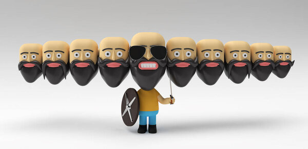 Dussehra Celebration - Ravana with Bald Ten Heads with Sword and Shield 3D Rendering Illustration.
