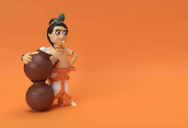 Pequeña Caricatura Krishna Con Una Olla Mantequilla Ilustración Render — Foto de Stock