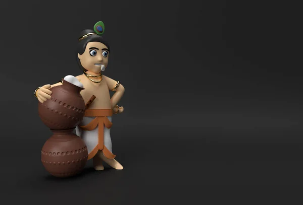 Pequeno Desenho Animado Krishna Com Pote Manteiga Ilustração Render — Fotografia de Stock