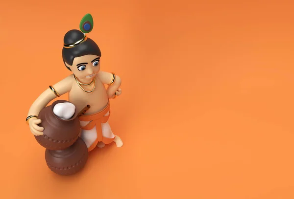 Pequeno Desenho Animado Krishna Com Pote Manteiga Ilustração Render — Fotografia de Stock