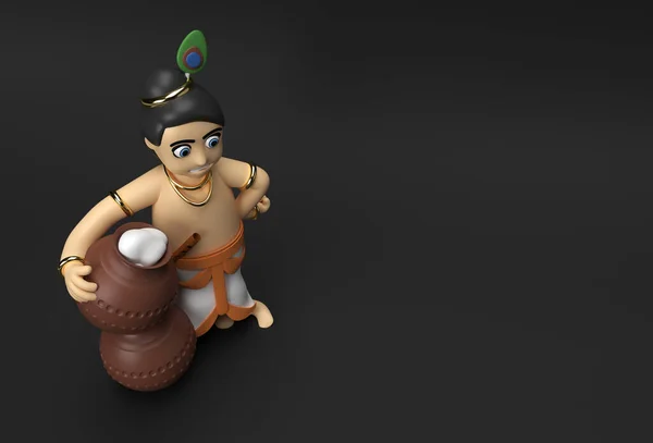 Pequeno Desenho Animado Krishna Com Pote Manteiga Ilustração Render — Fotografia de Stock