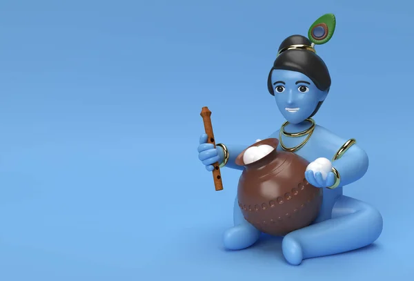 Pequeña Caricatura Krishna Con Una Olla Mantequilla Ilustración Render — Foto de Stock