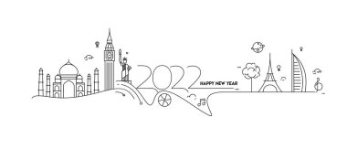 Seyahat Dünyası Tasarım Paterni ve Vektör illüstrasyonuyla Mutlu Yıllar 2022 Metni.