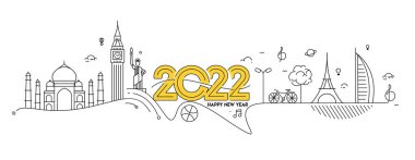 Seyahat Dünyası Tasarım Paterni ve Vektör illüstrasyonuyla Mutlu Yıllar 2022 Metni.