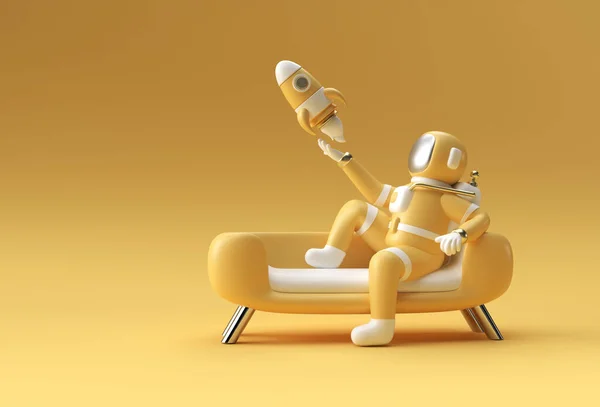 Renderizar Astronauta Astronauta Sentado Sofá Con Cohete Volador Ilustración Diseño —  Fotos de Stock