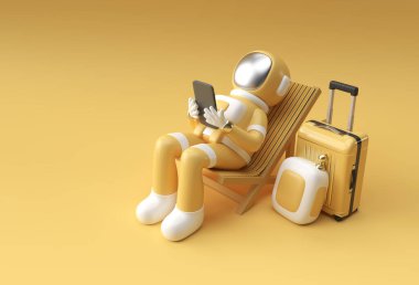 3d Render Spaceman Astronot koltukta oturuyor seyahat çantası 3d çizim tasarımı ile telefon kullanıyor.