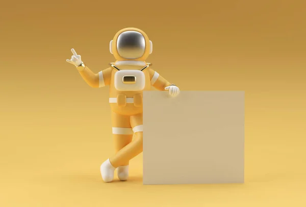 Render Astronaut Holding White Banner Yellow Background — Stock Photo, Image
