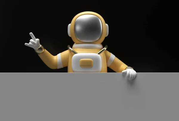 Render Astronaut Holding White Banner Black Background — Stock Photo, Image