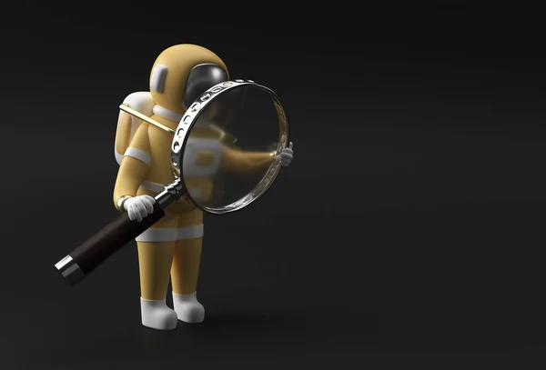 Render Astronaut Holding Magnify Glass Black Background — Stock Photo, Image