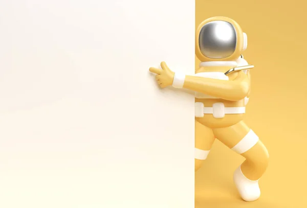 3Dレンダリング宇宙飛行士ハンドポインティングホワイトバナー3Dイラストデザイン付き指ジェスチャー — ストック写真