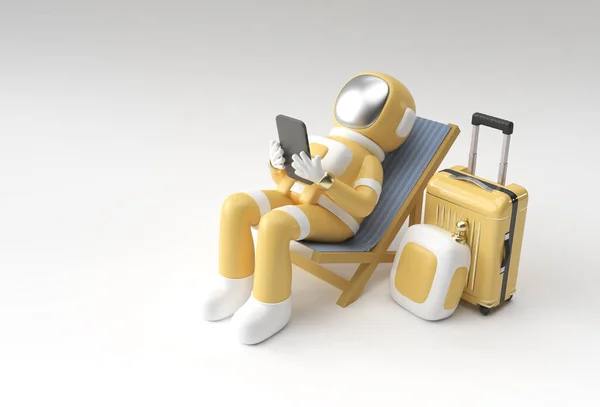 三维渲染太空人宇航员坐在椅子上使用电话与旅行箱三维插图设计 — 图库照片