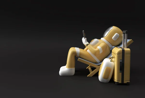 Render Spaceman Astronauta Sentado Cadeira Usando Telefone Com Mala Viagem — Fotografia de Stock