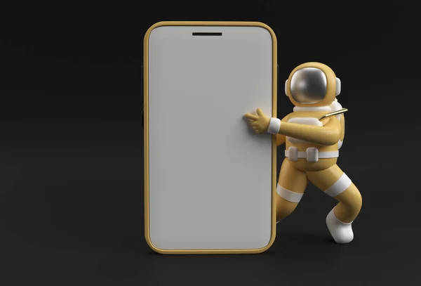 Astronaut Hand Wijzend Vinger Smartphone Leeg Scherm Sjabloon Abstract Trendy — Stockfoto