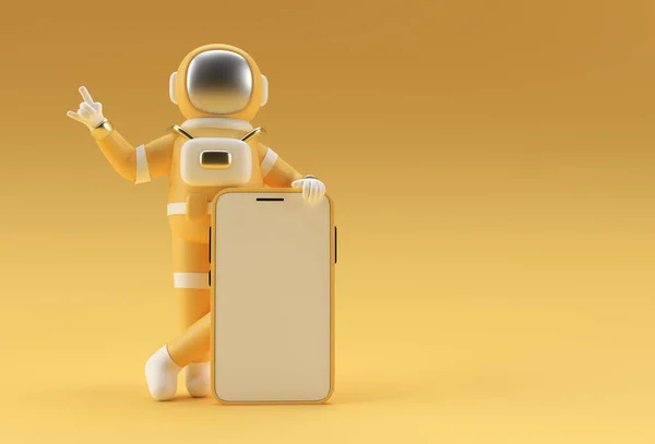 Astronaut Hand Zeigefinger Smartphone Leere Bildschirm Vorlage Abstrakte Trendige Modische — Stockfoto