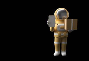 3d Render Astronot boş mobil model 3d illüstrasyon tasarımlı bir paket teslim ediyor.