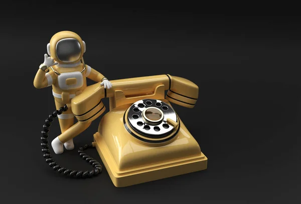 Render Spaceman Astronaut Call Gesture Old Phone Illustration Design — 스톡 사진