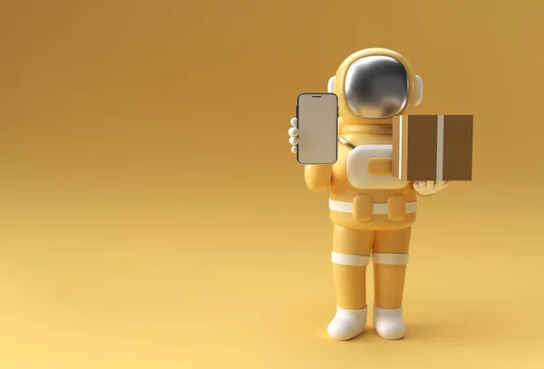 Render Astronaut Man Leveren Van Een Pakket Met Lege Mobiele — Stockfoto