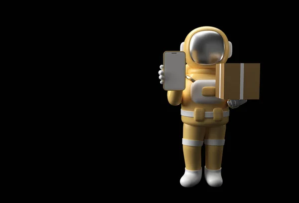 Render Astronaut Férfi Szállít Egy Csomagot Üres Mobil Mockup Illusztráció — Stock Fotó