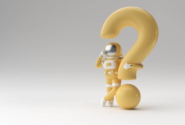 Soru İşareti ile 3D Render Astronot Düşünce, Hayal kırıklığı, Yorgun Kafkas Hareketi 'nin 3d illüstrasyon Tasarımı.