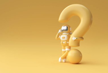 Soru İşareti ile 3D Render Astronot Düşünce, Hayal kırıklığı, Yorgun Kafkas Hareketi 'nin 3d illüstrasyon Tasarımı.