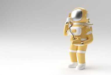 3d Render Astronot eski telefon 3d illüstrasyon tasarımı ile çağrı jesti.