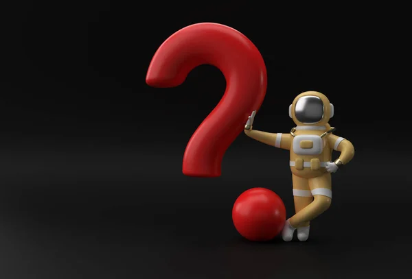 3Dレンダリング宇宙飛行士が疑問符で立っている3Dイラストデザイン — ストック写真