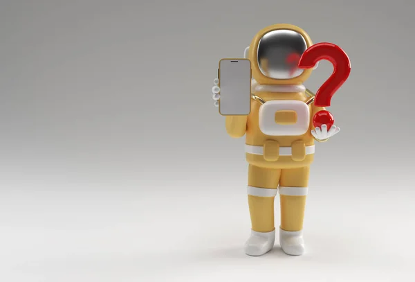 Render Astronauta Tenendo Punto Interrogativo Con Blank Mobile Mockup Illustrazione — Foto Stock