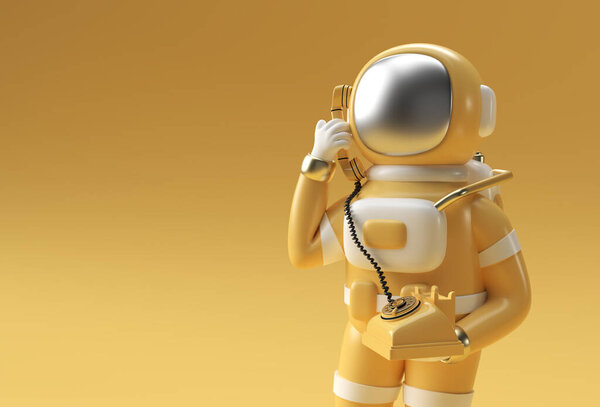 3d Render Astronaut calling gesture with old telephone 3d illustration Design.