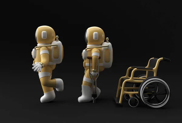 Render Astronaut Disabled Using Crutches Walk Weelchair Illustration Design — Stock Photo, Image