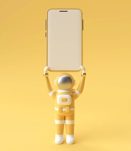 Astronaut Hält Smartphone Blank Screen Template Abstrakte Trendige Modische Attrappe — Stockfoto