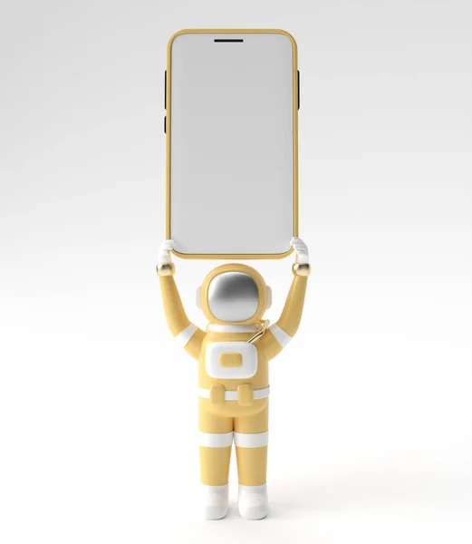 Astronaut Holding Smartphone Blank Screen Template Abstract Trendy Fashionable Mockup — Stock Photo, Image