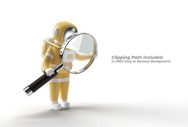 Astronauta Holding Magnify Glass Pen Tool Created Clipping Path Included — Zdjęcie stockowe